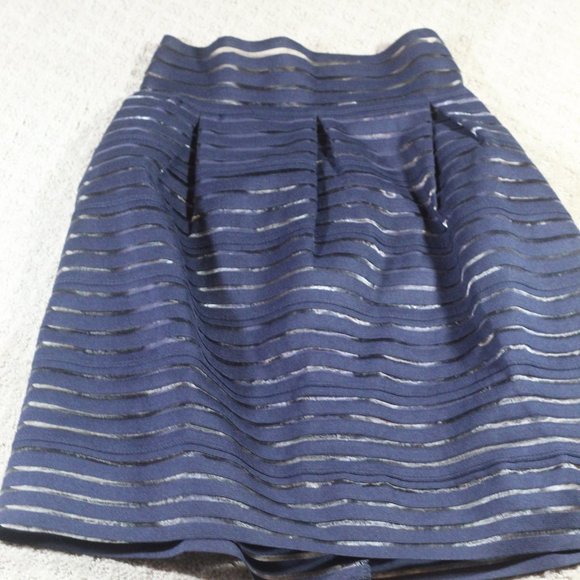 Touch Me Size Small Navy Blue Sheer Horizontal Striped Skater Skirt - Picture 1 of 6